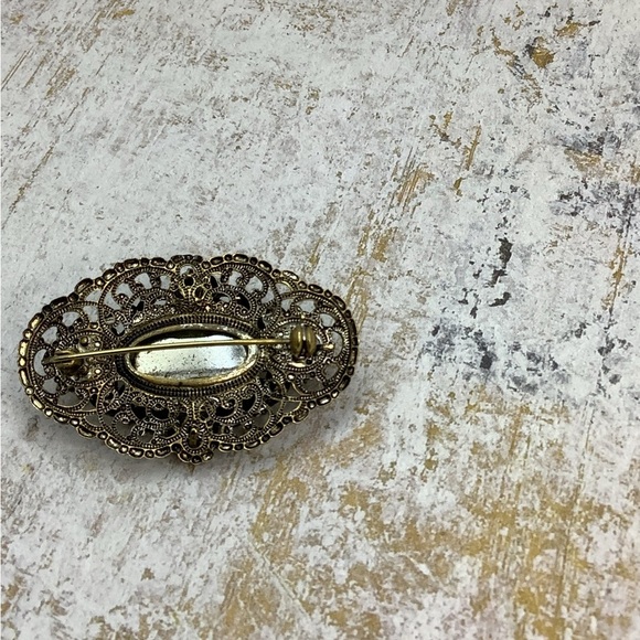 Vintage Czech Glass Brass and Rhinestone Brooch - Picture 4 of 6